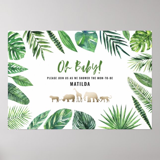 Tropical foliage + gold animals baby shower party poster (Front)