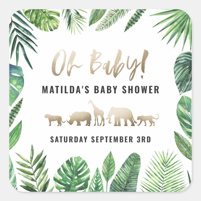 Tropical foliage + gold animals baby shower party square sticker (Front)