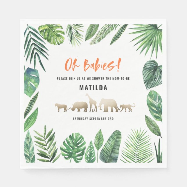 Tropical foliage + gold animals twin baby shower napkin (Front)