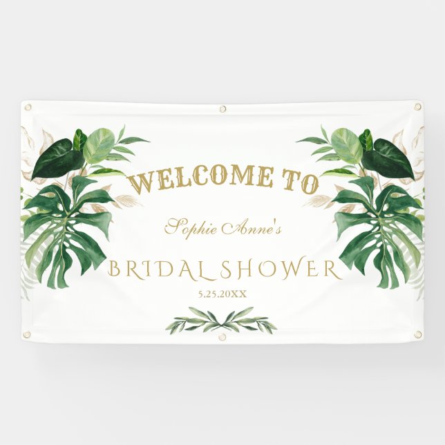 Tropical Foliage Gold Cross Baptism Welcome Sign (Horizontal)