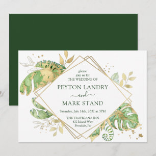 Tropical Foliage & Gold Geometric Frame Wedding Invitation