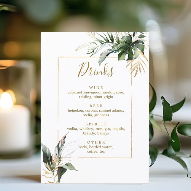 Tropical Foliage Gold & Green Wedding Bar Drinks  Menu (Creator Uploaded)
