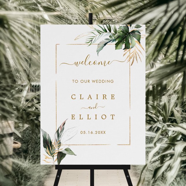 Tropical Foliage Gold & Green Wedding Welcome Sign (Creator Uploaded)