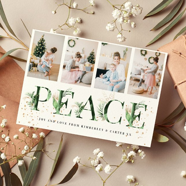Tropical Foliage & Gold PEACE Photo Collage Xmas Holiday Card (Creator Uploaded)