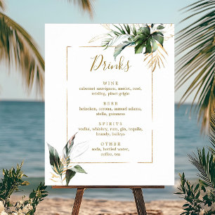 Tropical Foliage Gold Wedding Bar Drinks Menu Sign
