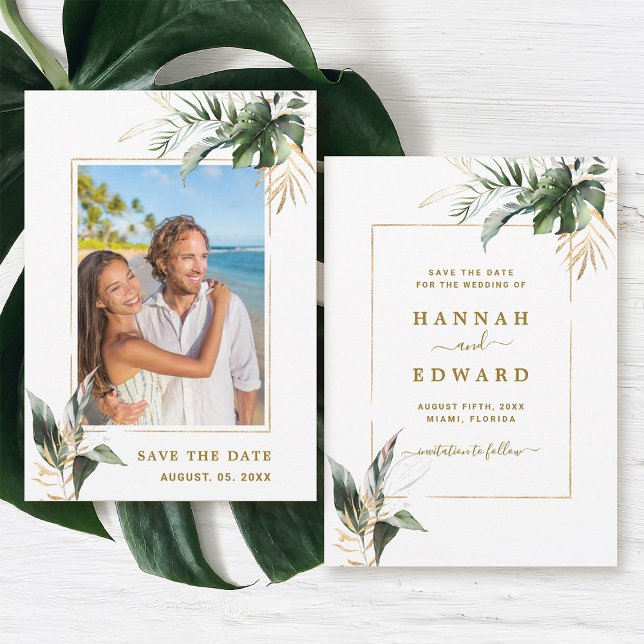 Tropical Foliage Gold Wedding Photo Save The Date (Front & Back)