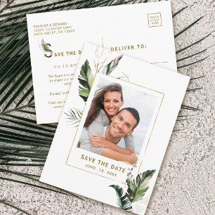 Tropical Foliage Gold Wedding Photo Save the Date Announcement Postcard