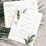 Tropical Foliage Gold Wedding Save the Date Announcement Postcard<br><div class="desc">This wedding save the date invitation card features watercolor green tropical foliage,  palm tree leaves,  banana leaves with a gold rectangle frame.  It's perfect for a beach or destination wedding. >>> Check out the entire collection >>> https://www.zazzle.com/collections/tropical_foliage_gold_collection-119316977990783186</div>