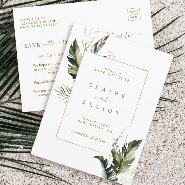 Tropical Foliage Gold Wedding Save the Date Announcement Postcard (Front & Back)