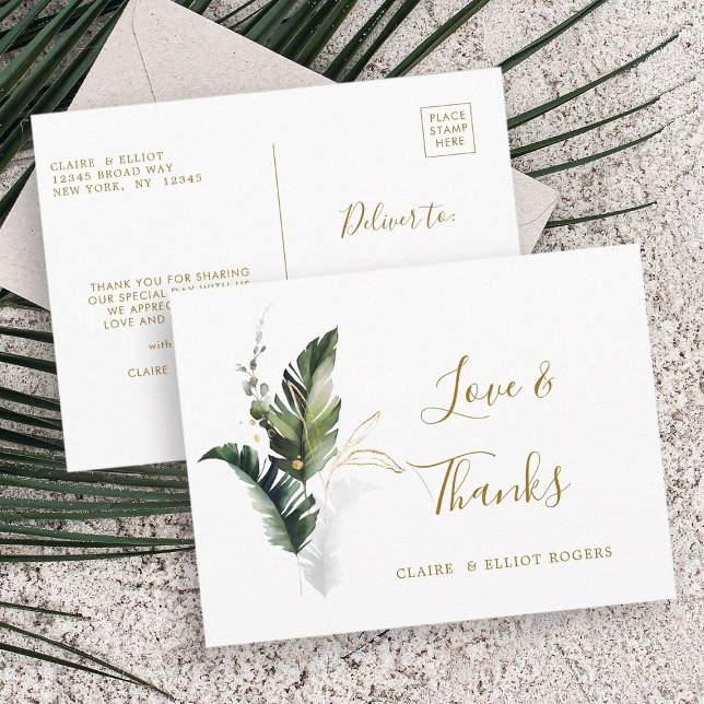 Tropical Foliage Gold Wedding Thank You Postcard (Front & Back)