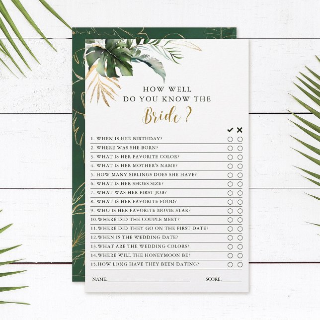 Tropical Foliage Green & Gold Bridal Shower Game  (Creator Uploaded)