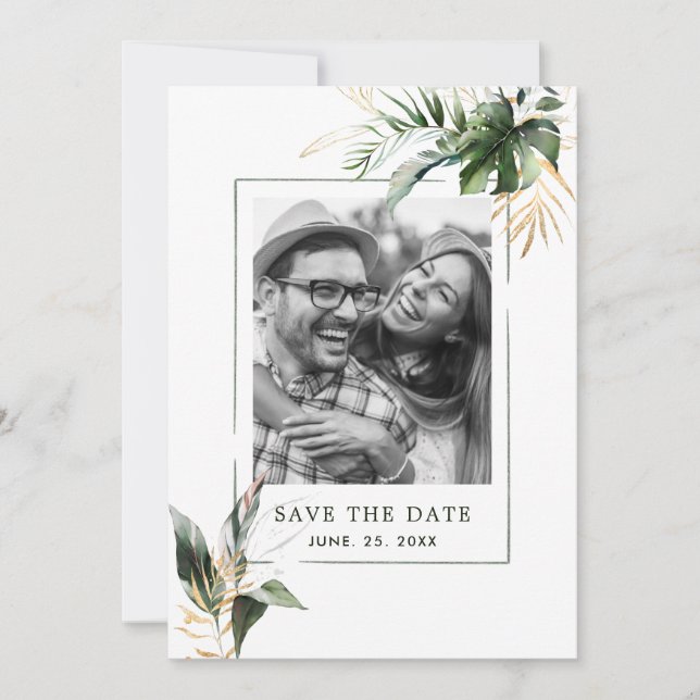 Tropical Foliage Green & Gold Photo Wedding Save The Date (Front)