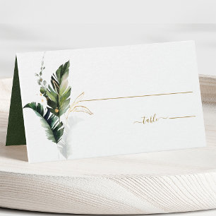 Tropical Foliage Green Gold Wedding Place Card