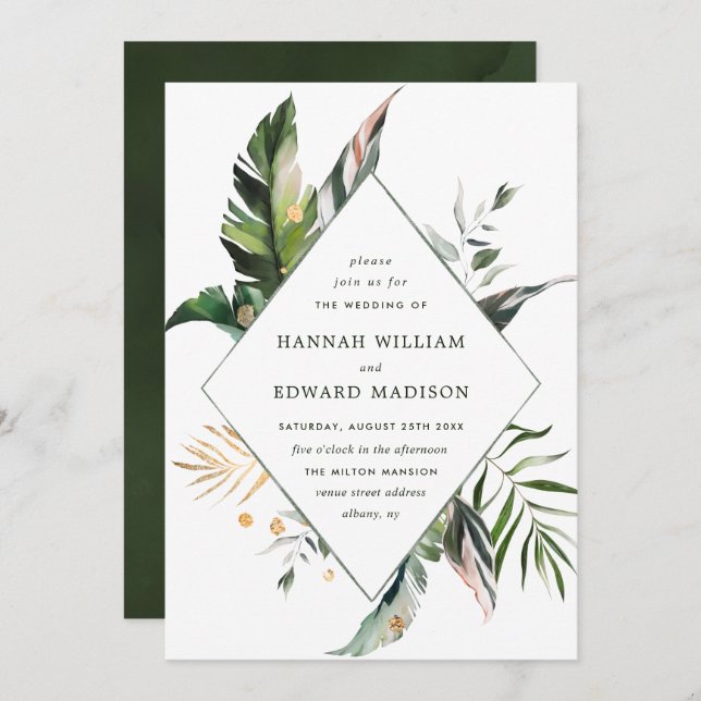Tropical Foliage Green Wedding Invitation (Front/Back)