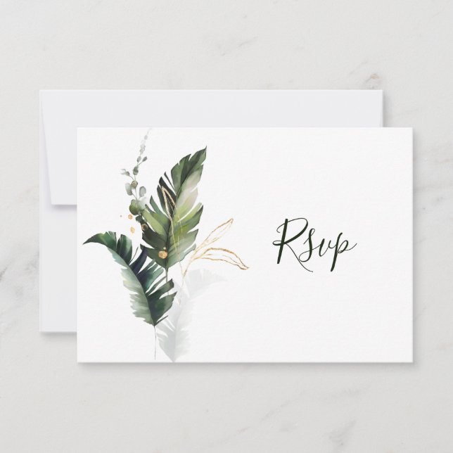 Tropical Foliage Green Wedding RSVP Card (Front)