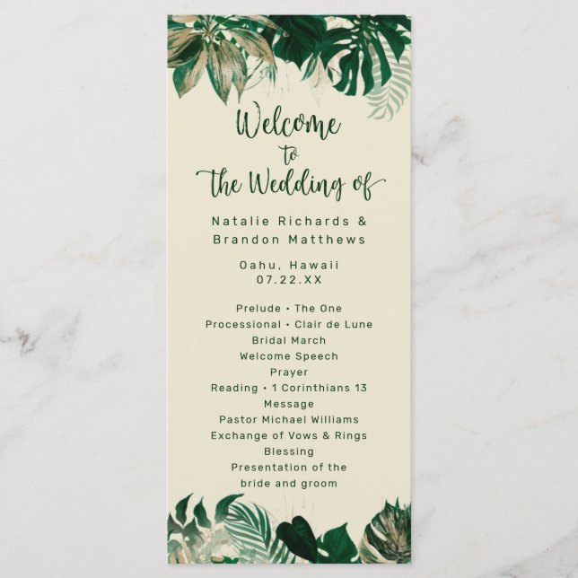 Tropical Foliage & Leaves Chic Wedding Ceremony Programme (Front)