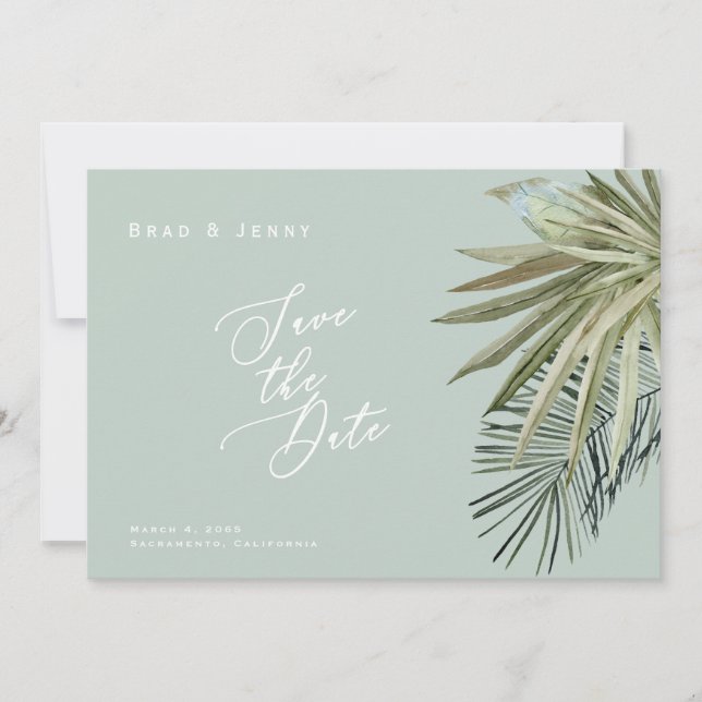 Tropical Foliage Light Sage Wedding Save the Date (Front)