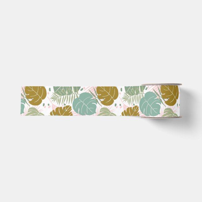 Tropical Foliage - Monstera And Palm Leaf Pattern Grosgrain Ribbon (Front)