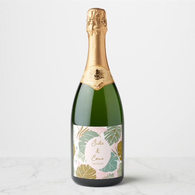 Tropical Foliage - Monstera And Palm Leaf Pattern Sparkling Wine Label (Front)