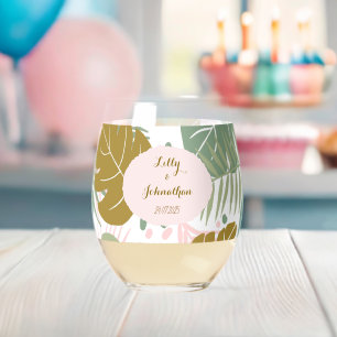 Tropical Foliage - Monstera And Palm Leaf Pattern Stemless Wine Glass