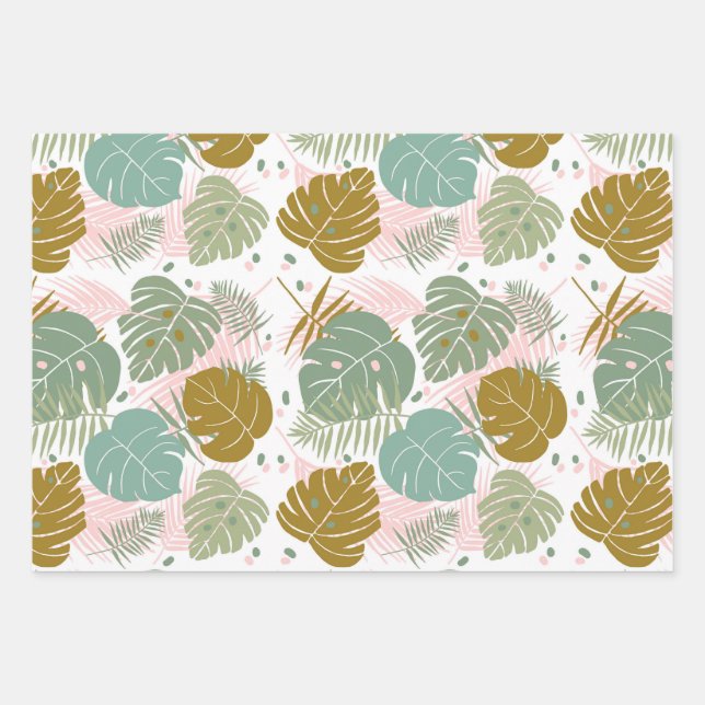 Tropical Foliage - Monstera And Palm Leaf Pattern Wrapping Paper Sheet (Front)