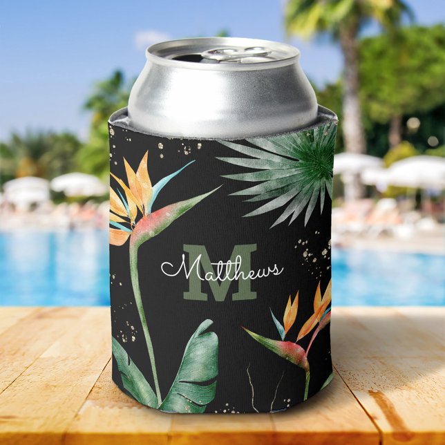 Tropical Foliage Palm Monogram Script Gold Black Can Cooler (Creator Uploaded)