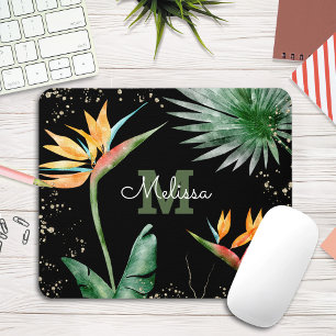 Tropical Foliage Palm Monogram Script Gold Black Mouse Pad