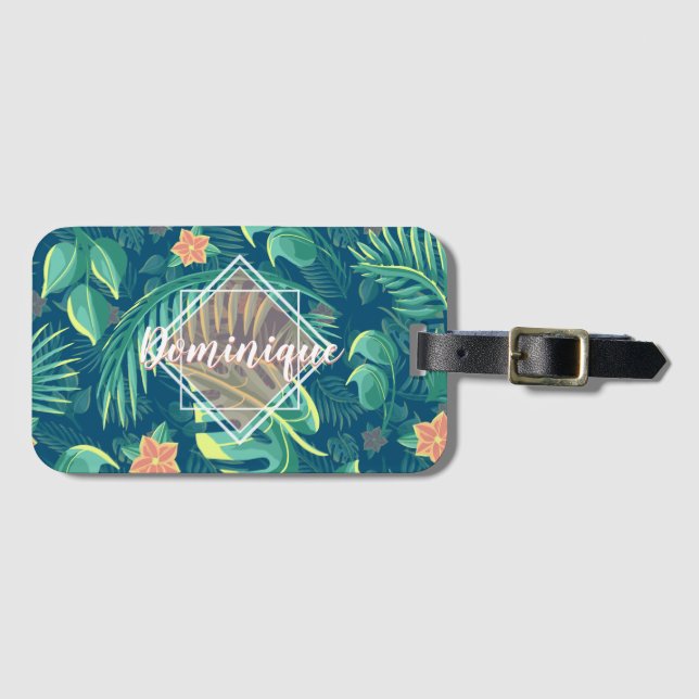 Tropical Foliage Pattern Personalised Luggage Tag (Front Horizontal)