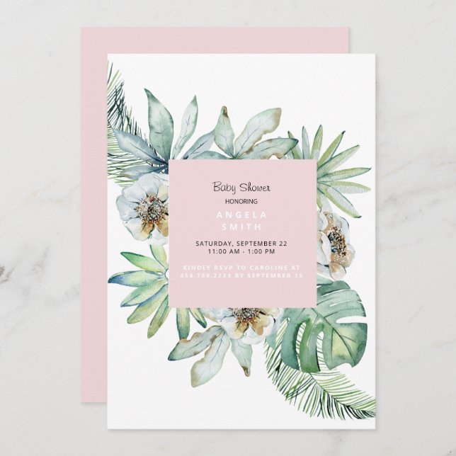 Tropical Foliage Pink Baby Shower Invitation (Front/Back)