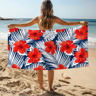 Tropical Foliage Red Floral Hibiscus Beach Towel