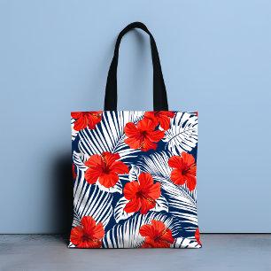 Tropical Foliage Red Floral Hibiscus Tote Bag