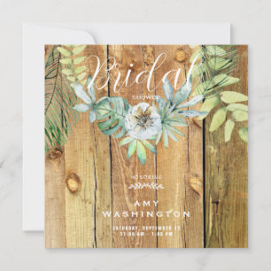 Tropical Foliage Rustic Wood Square Bridal Shower Invitation