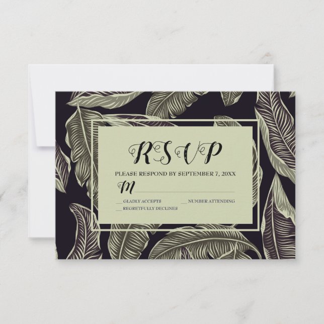 Tropical Foliage Sage Green Black Script RSVP Card (Front)