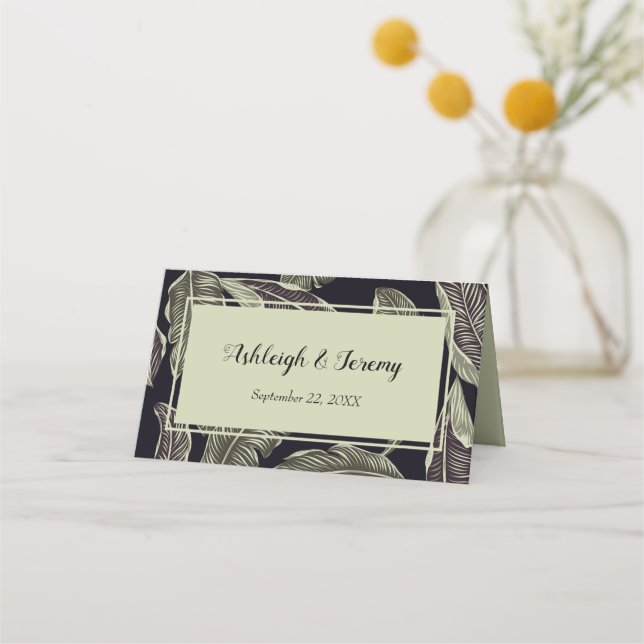 Tropical Foliage Sage Green Black Script Wedding Place Card (Front)
