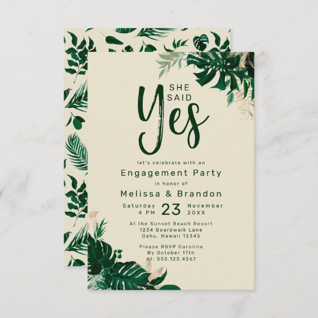 Tropical Foliage She Said Yes Engagement Party Invitation (Front/Back)