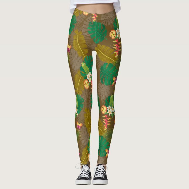 Tropical Foliage Summer Brown Leggings (Front)