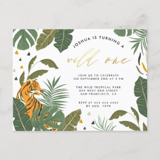 Tropical Foliage Tiger Gold Wild One Birthday Invitation Postcard