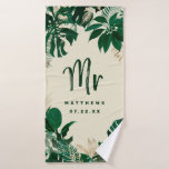 Tropical Foliage Trendy Greenery Wedding Mr Bath Towel<br><div class="desc">Tropical Foliage Trendy Greenery and Gold Leaves Personalised Mr. and Mrs. Last Name Towels - Trendy Marker Brushed Script Lettering. A fun keepsake for the honeymoon for the newlyweds! In a bold colour palette of rich greens, emerald, and gold foil look. This design is perfect for a beach, destination, or...</div>