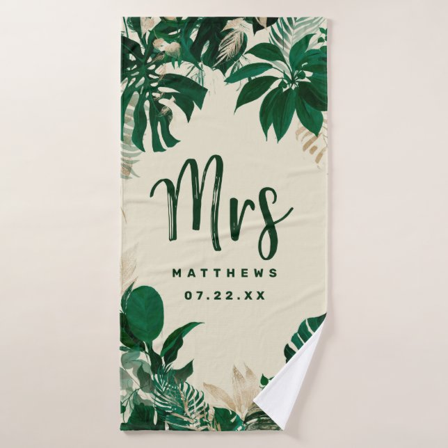 Tropical Foliage Trendy Greenery Wedding Mrs Bath Towel (Bath Towel)
