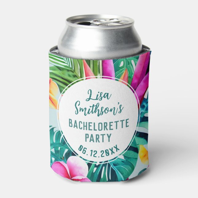    Tropical Foliage Watercolor Custom Bachelorette Can Cooler (Can Front)