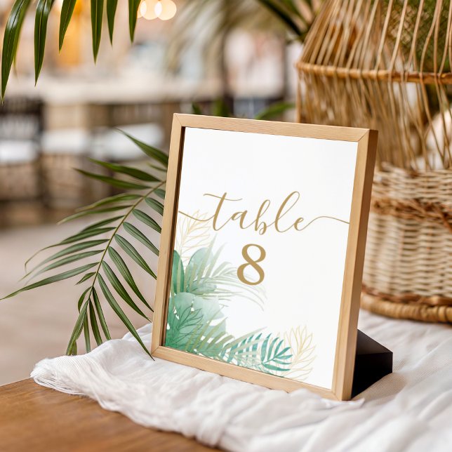Tropical Foliage Watercolor Green gold Wedding  Table Number (Creator Uploaded)