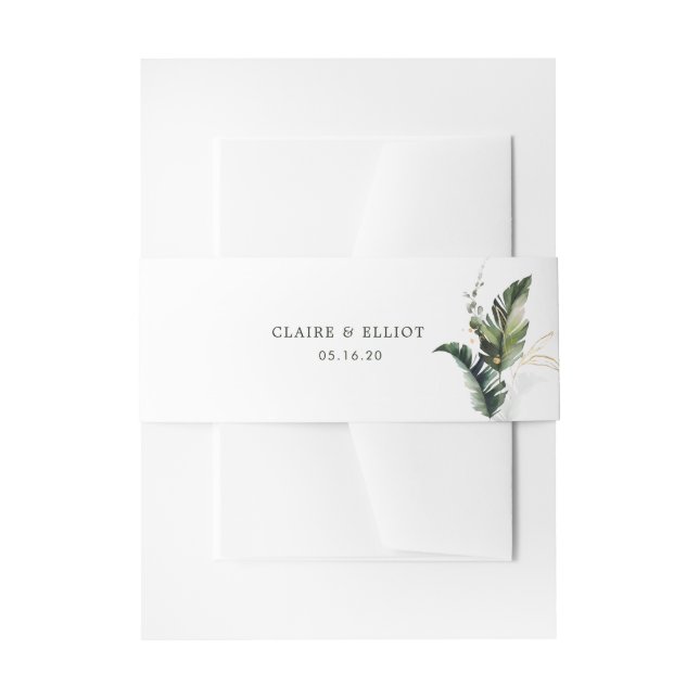 Tropical Foliage Watercolor Wedding Invitation Belly Band (Front Example)