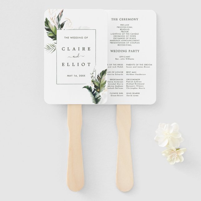 Tropical Foliage Wedding Ceremony Program Hand Fan (Front and Back)