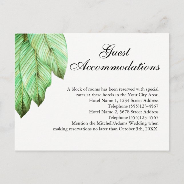 Tropical Foliage Wedding Guest Accommodations Postcard (Front)