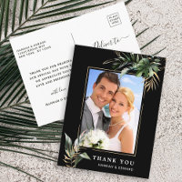 Tropical Foliage Wedding Photo Black Thank You