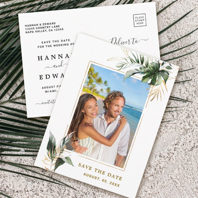 Tropical Foliage Wedding Photo Gold Save The Date Announcement Postcard (Front & Back)
