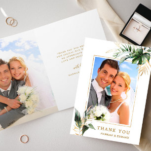 Tropical Foliage Wedding Photo Gold Thank You Card