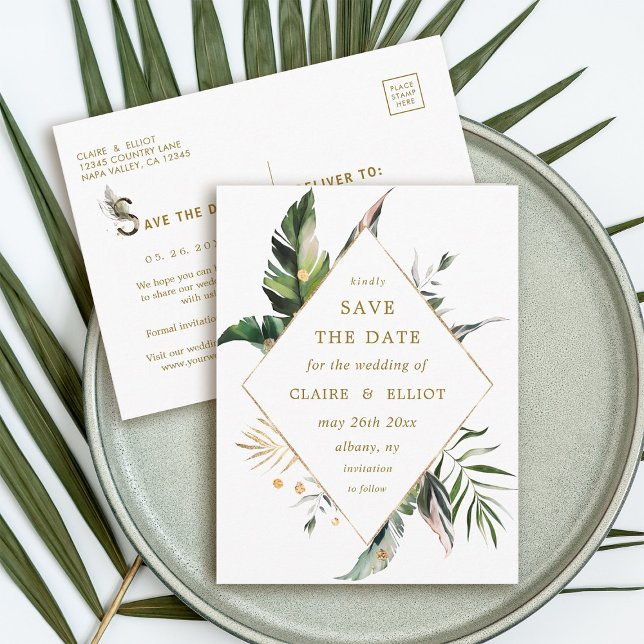 Tropical Foliage Wedding Save the Date Gold Announcement Postcard (Front & Back)