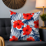 Tropical Foliage With Red Floral Hibiscus Cushion<br><div class="desc">This design features white tropical foliage on a navy blue background with bright red hibiscus flowers.
#tropical #floral #flowers #hibiscus #elegant #stylish #feminine #home #decor #beach #botanical #cushions</div>