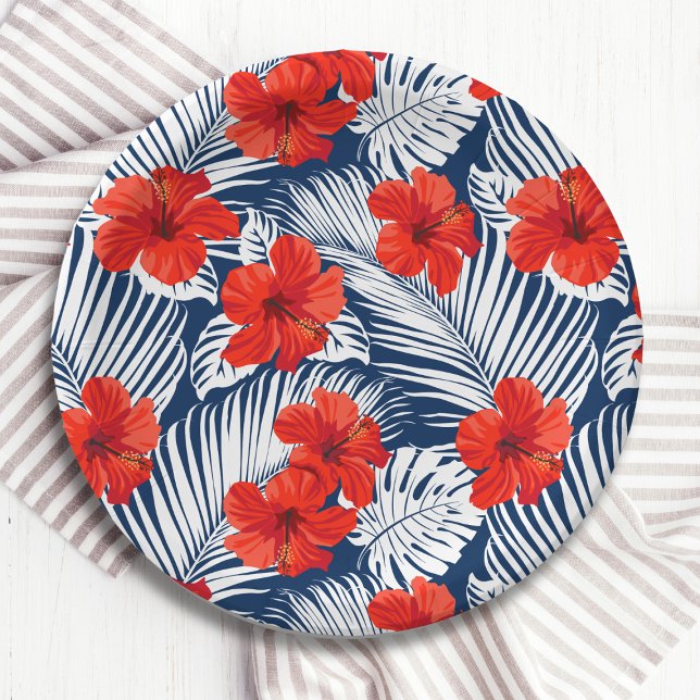 Tropical Foliage With Red Floral Hibiscus Paper Plate (Creator Uploaded)